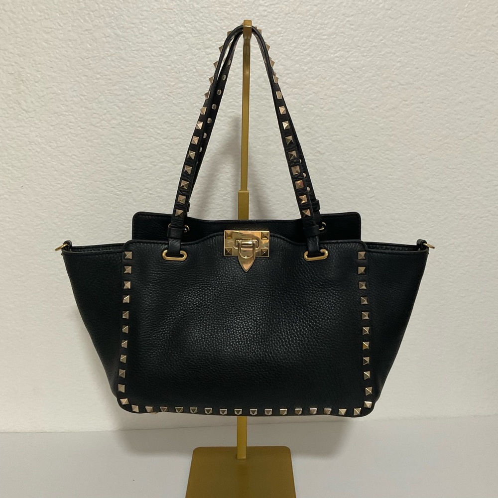 VALENTINO GARAVANI Women Gold  Studded 2-Way Shoulder Hand bag Black Leather